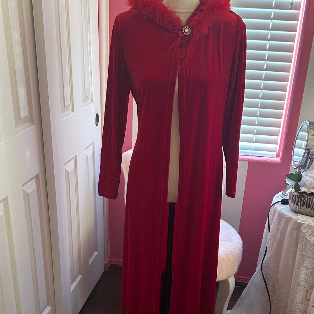 Elegant Red long velvet robe with Feather Trim with hood!